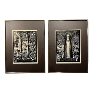 Set of 2 Vintage Linocut Prints St. Ladislaus & B. Margarita by Hungarian Artist