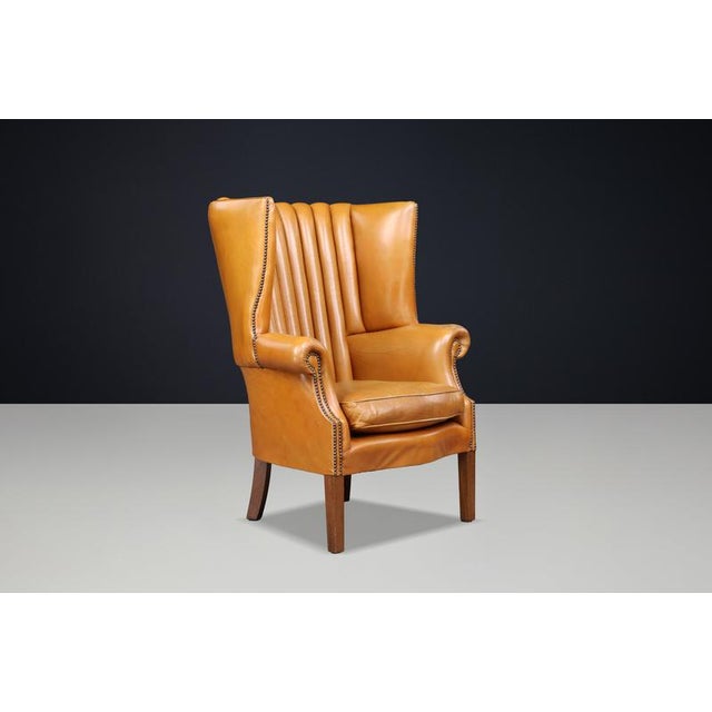 Sculptural Barrel-Back Wing Chair in Patinated Cognac Leather, 1870 For Sale - Image 13 of 14