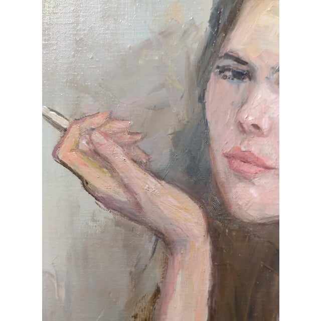 Textile Woman Holding a Cigarette Original 1967 Oil Painting by Sam Harris For Sale - Image 7 of 10