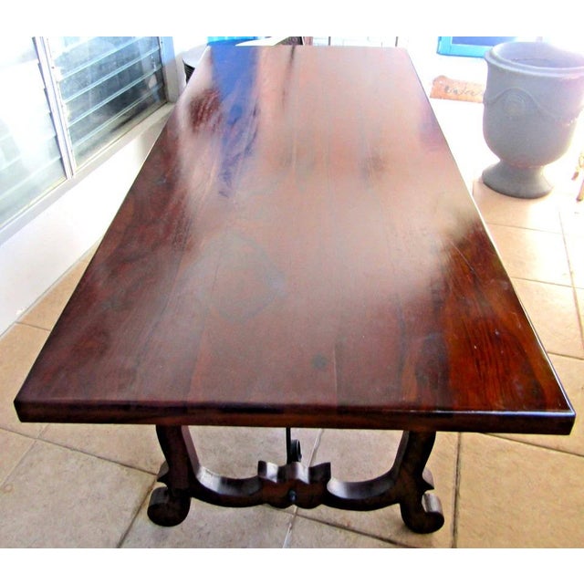 Vintage Spanish Catalan Trestle Dining Table With Lyre Legs and Iron Stretchers For Sale - Image 11 of 15