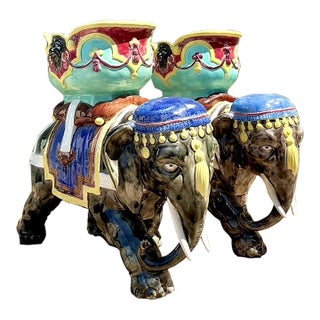 Vintage Glazed Ceramic Polychromed Elephants - A Pair For Sale