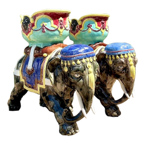 Vintage Glazed Ceramic Polychromed Elephants - A Pair