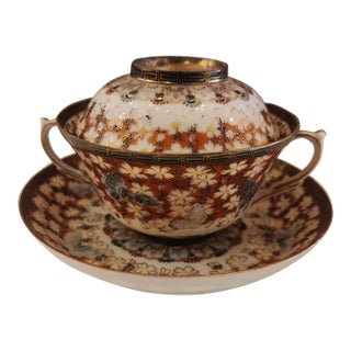 Antique Signed Moriage Japanese Tea Cup, Saucer and Lid/Tea Bag Rest. For Sale