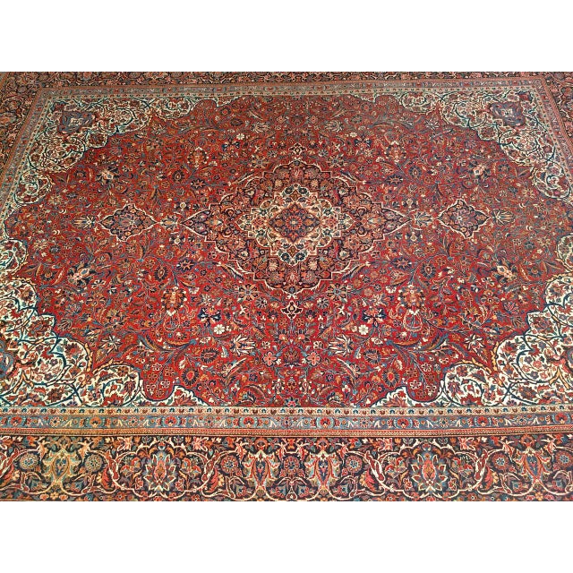 Persian Early 20th Century Persian Kashan Rug, Hand-Knotted Wool & Cotton, Floral Garden Pattern, Brick-Red & Ivory, 9x12 For Sale - Image 3 of 13