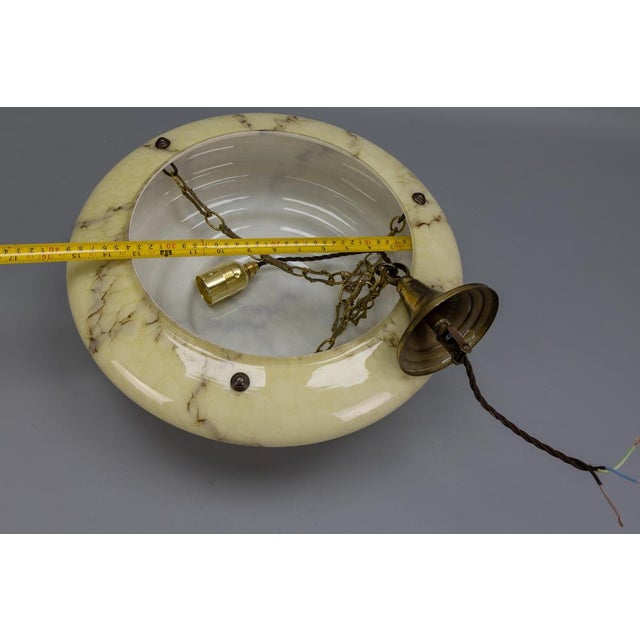 Art Deco Layered Marbled Yellowish Beige and Brown Glass and Brass Pendant Light, 1950s For Sale - Image 18 of 18
