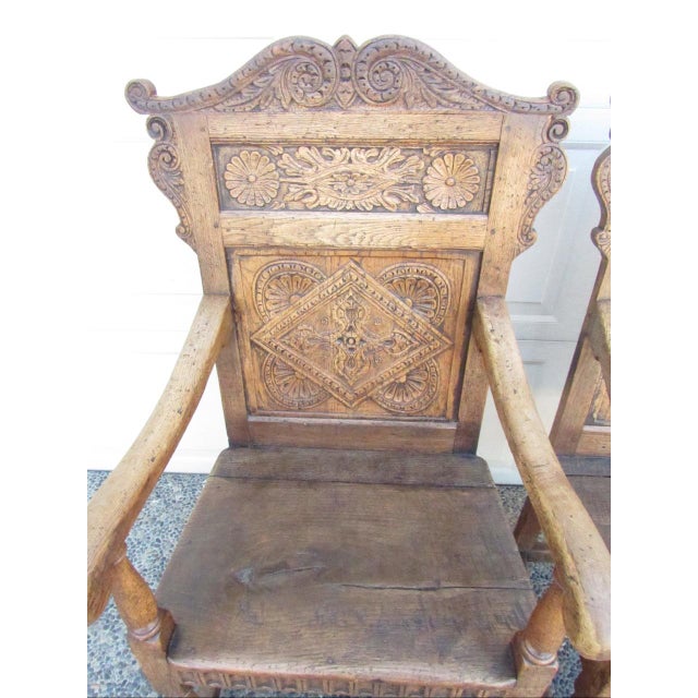 English Antique Pair of English Jacobean Style Oak Armchairs For Sale - Image 3 of 18
