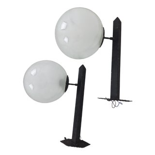 Wall Lamps in Black Lacquered Iron and Brass with Etched Glass Sphere, 1950s, Set of 2 For Sale