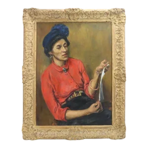 Antique Oil on Canvas Portrait Painting of a Stunningly Beautiful Black Woman Seated and Reading, Circa 1920 Signed J. Antonik