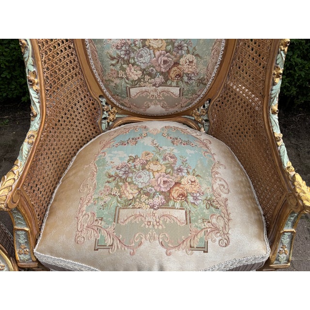 1940 French Louis XVI Pastel Cane Sofa Set - 5 Pc For Sale - Image 16 of 18
