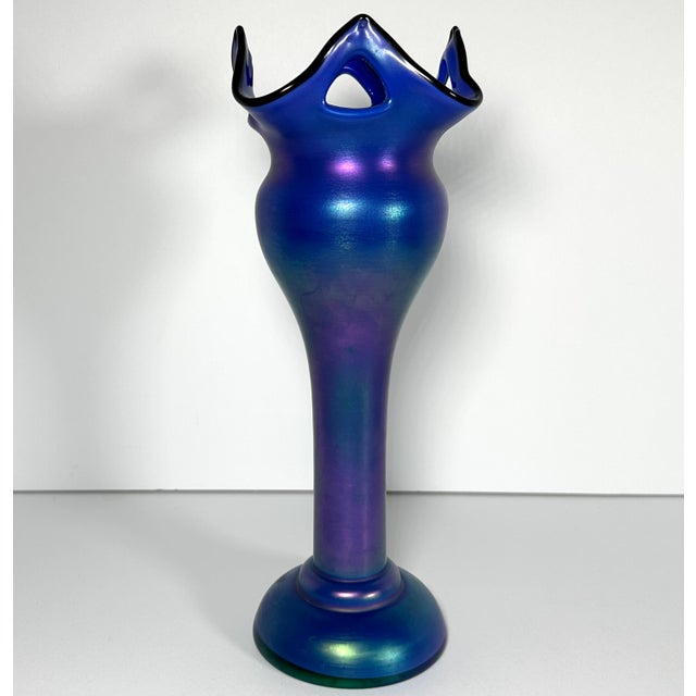 Early 20th Century Loetz Iridescent Blue Glass Vase: Austrian Pierced Art Nouveau Vase, c. 1905 For Sale - Image 5 of 10