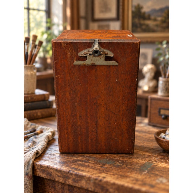 Wonderful antique circa 1920s–1930s wooden clipboard storage box, combining a functional writing surface with an enclosed...
