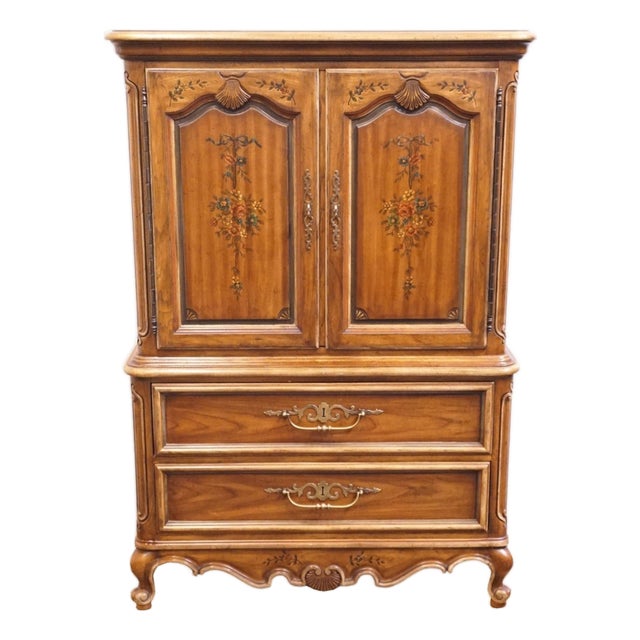 Drexel Heritage Brittany Collection Solid Pecan Country French Style 41" Door Chest W. Floral Accents 202-420 For Sale