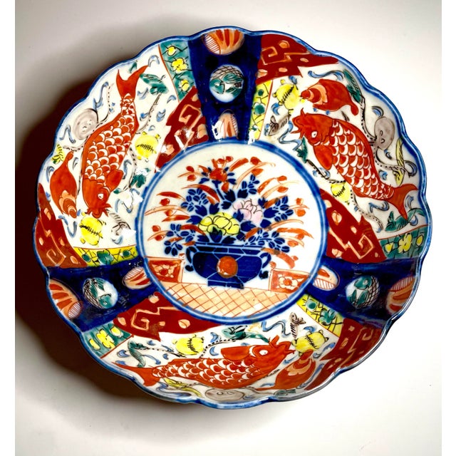 Japanese 19th Century Meiji Hand Painted Imari Bowl With Koi and Octopus For Sale - Image 3 of 11
