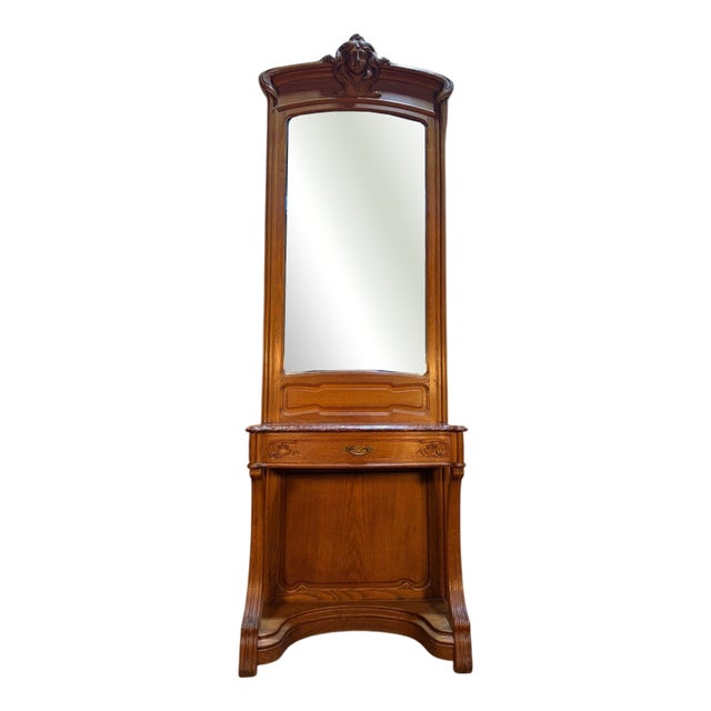 Art Nouveau Console Table with Mirror in Carved Oak For Sale