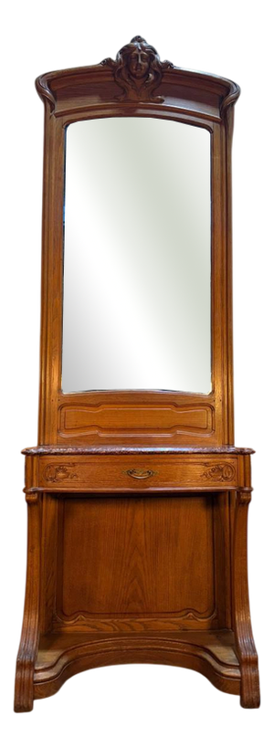 Art Nouveau Console Table with Mirror in Carved Oak