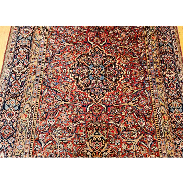 Early 20th Century Kashan Rug, Hand-Knotted Wool & Cotton, Floral Design, Red & Navy, 5x7 For Sale - Image 10 of 16