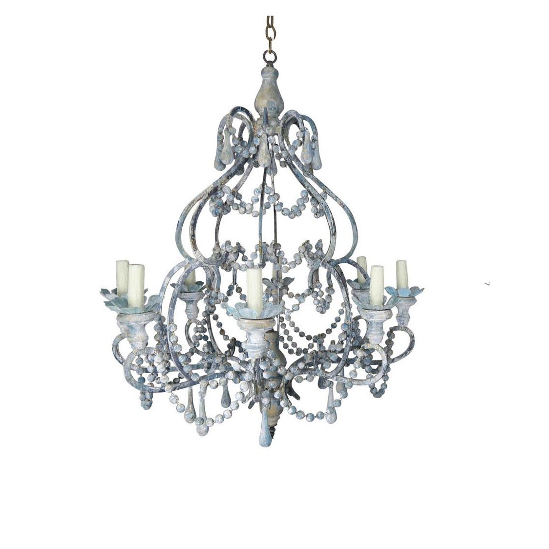 Eight Light Wood Beaded Blue And Cream Painted Chandelier By