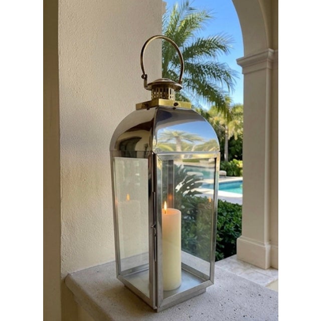 Large Mid-Century Modern Polished Stainless Steel and Brass Floor Lantern For Sale - Image 10 of 12