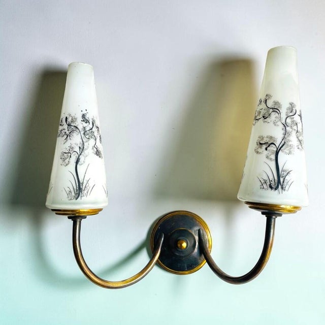 Mid-Century Portuguese Brass and Glass Double Wall Sconces, 1960s, Set of 2 For Sale - Image 4 of 10