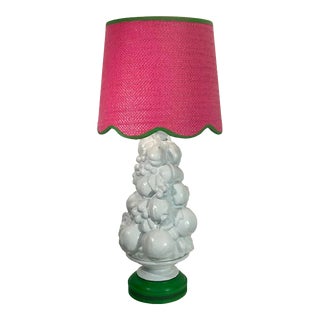 Vintage Mid-Century Newly Painted White Italian Fruit Stack Porcelain Table Lamp With Pink and Green Rattan Scalloped Shade For Sale