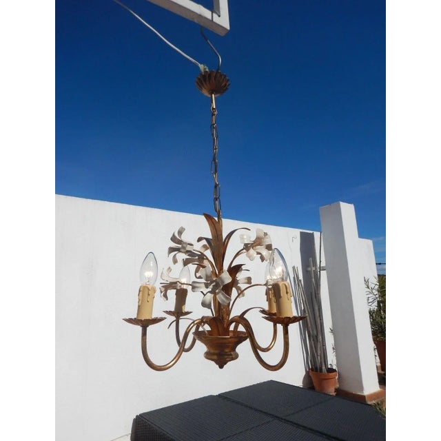 1950s Maison Bagues Style Tole Peinte Floral Chandelier - Mid Century For Sale - Image 5 of 9