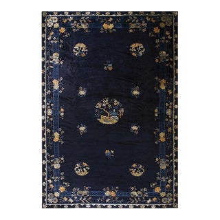 Large Size 1920s Blue Navy Antique Chinese Bat and Reindeer Design Peking Rug For Sale