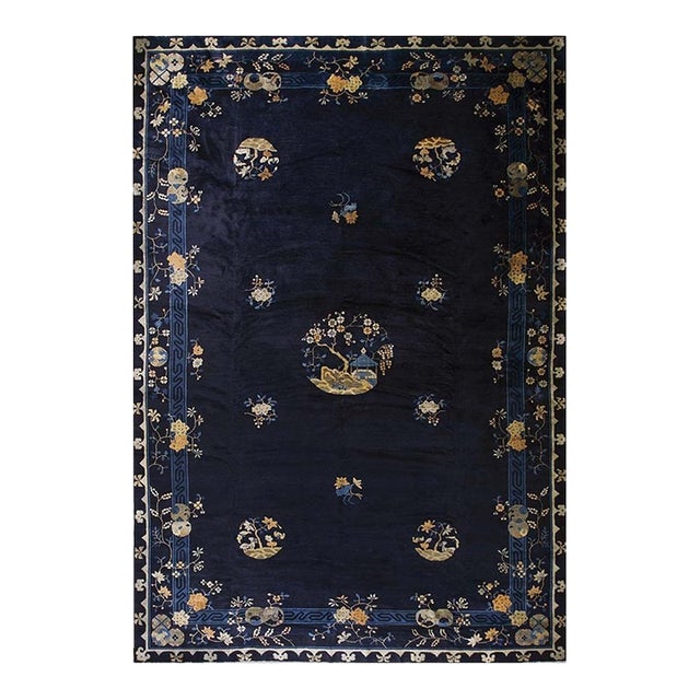 Large Size 1920s Blue Navy Antique Chinese Bat and Reindeer Design Peking Rug For Sale