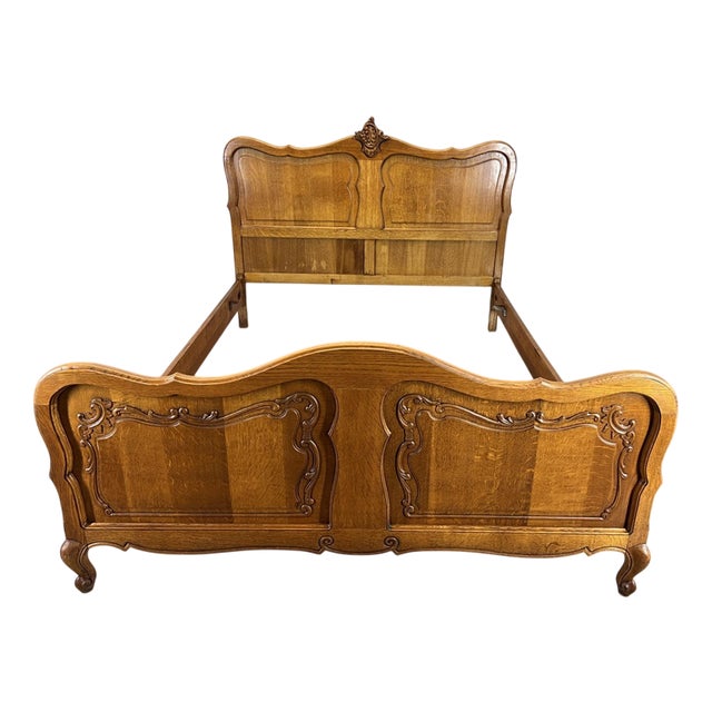Vintage French Louis XVI Oak Double Bed Frame with Carved Headboard For Sale