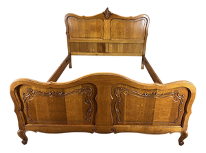 Vintage French Louis XVI Oak Double Bed Frame with Carved Headboard