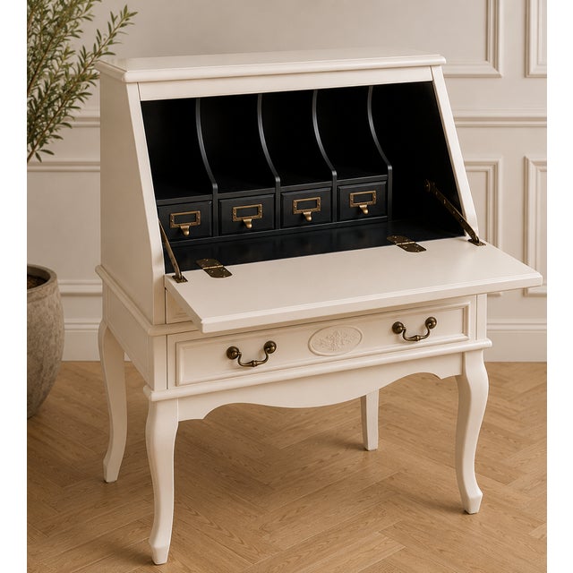 French Provincial Vintage French Provincial Inlaid Secretary Desk-White Painted Finish- Drop-Front Writing Desk For Sale - Image 3 of 6