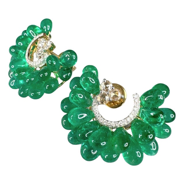 Vintage Style Emerald & Diamond Grape Bunch Drop Earrings 18k Yellow Gold, A Pair For Sale