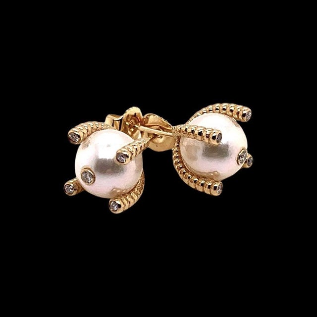 Diamond Large Akoya Pearl Earrings 14k Gold 9.25 mm Certified For Sale - Image 4 of 14