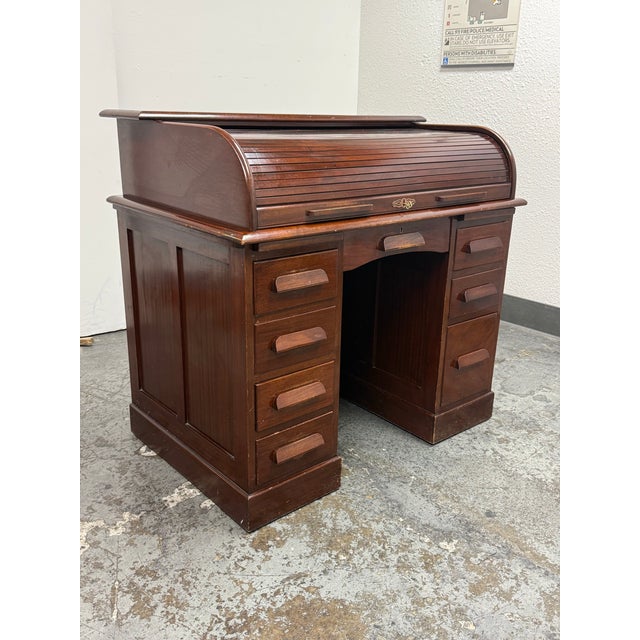 Mid 20th Century Victorian Lebus Manner Oak Roll Top Desk For Sale - Image 5 of 12