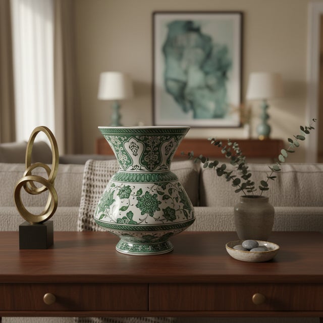 Handmade Ceramic King Vase (30cm) Emerald Green Hatai Pattern Pedestal Form For Sale - Image 4 of 10