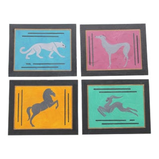 Erte Style Dog Horse Gazelle Tiger Minimalism Art Deco Green Goldenrod Mauve Blue Oil Paintings by Cleo Plowden- Set of 4 For Sale