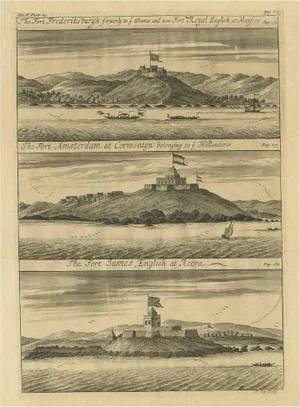 Kip, Forts on The West African Gold Coast, Ghana, 1744, Copperplate Engraving