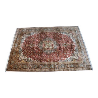 Vintage Indian Silk Handwoven Geometric Floral Medallion Area Rug Carpet 9 X 13' For Sale