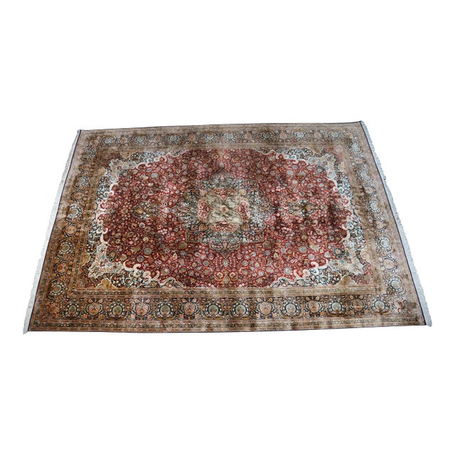 Vintage Indian Silk Handwoven Geometric Floral Medallion Area Rug Carpet 9 X 13' For Sale