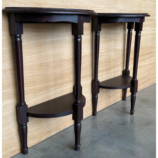 Early 20th Century Pair of Dark Wood Narrow Demilune Convertible Nightstands with Low Shelve For Sale - Image 17 of 18