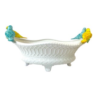 1960's Italian Majolica Parrots & Lattice Ivory Footed Bowl For Sale