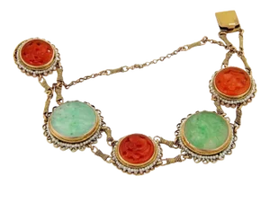 Green Jade Carnelian & Seed Pearl 14k Yellow Gold Bracelet