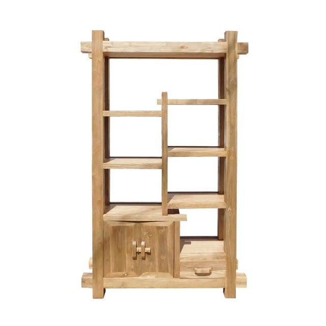 Rustic Raw Wood Open Shelf Bookcase For Sale