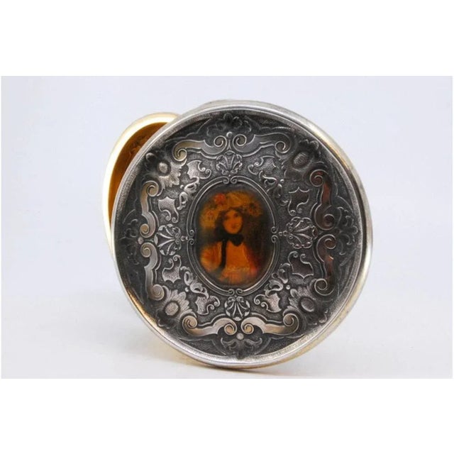 Jewelry Box in Embossed Silver with Circular Plant Motifs, Gold Interior and Antique Lady Removable Lid For Sale - Image 4 of 10