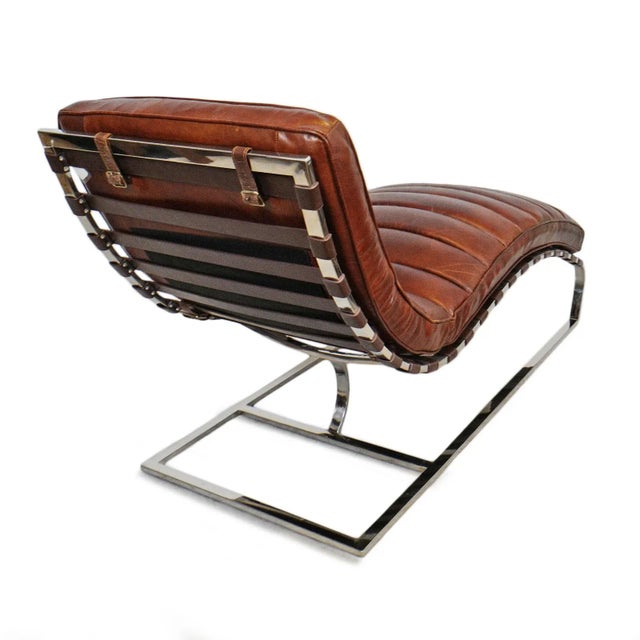 2020s Bradley Chestnut Leather & Chrome Midcentury Modern Chaise For Sale - Image 5 of 9