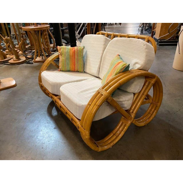 Restored 1950s Child Size 3-Strand Round Full Pretzel Rattan Sofa & Lounge Chair For Sale - Image 12 of 12