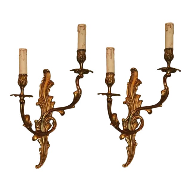 Pair of French Louis XV Style Gilt Bronze Two-Arm Wall Sconces, 1920s For Sale