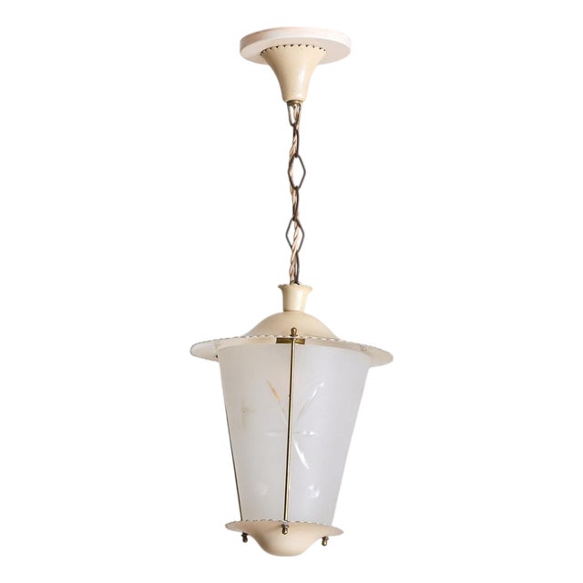 1950s Italian Tapered Ivory Lacquer + Starburst Glass Lantern Pendant For Sale