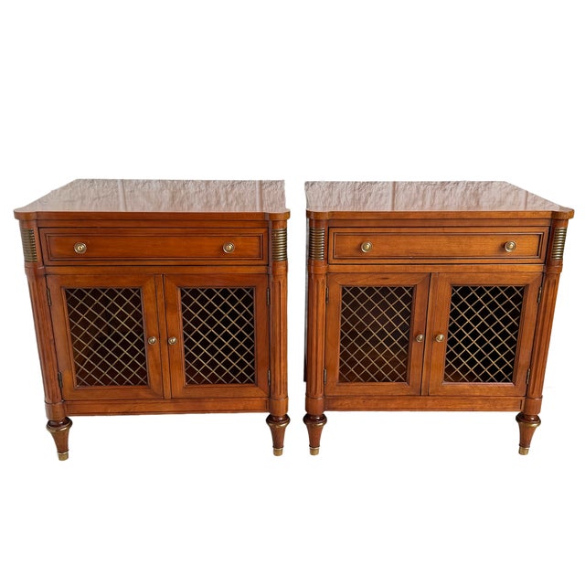 Kindel Furniture 1960's Kindel French Regency Louis XVI Walnut Nightstands With Lattice Doors For Sale - Image 4 of 15