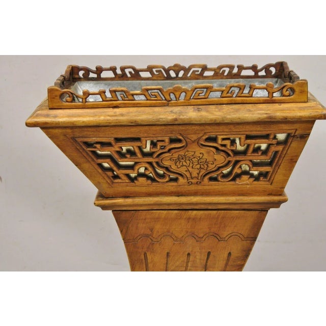 Vintage Carved Teak Wood Fretwork Figural Cornucopia Chinese Plant Stand Planter For Sale - Image 10 of 11
