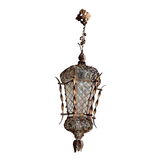 Late 19th - Early 20th Century Venetian Handblown Glass and Iron Lantern For Sale